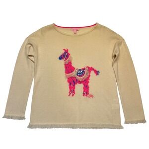Lilly Pulitzer 100% Cashmere Cream Pink Llama Embellished Fringe Sweater Size S